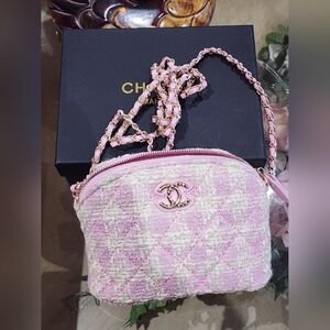 Chanel Pink/White GWP VIP Tweed Shoulder Crossbody Purse